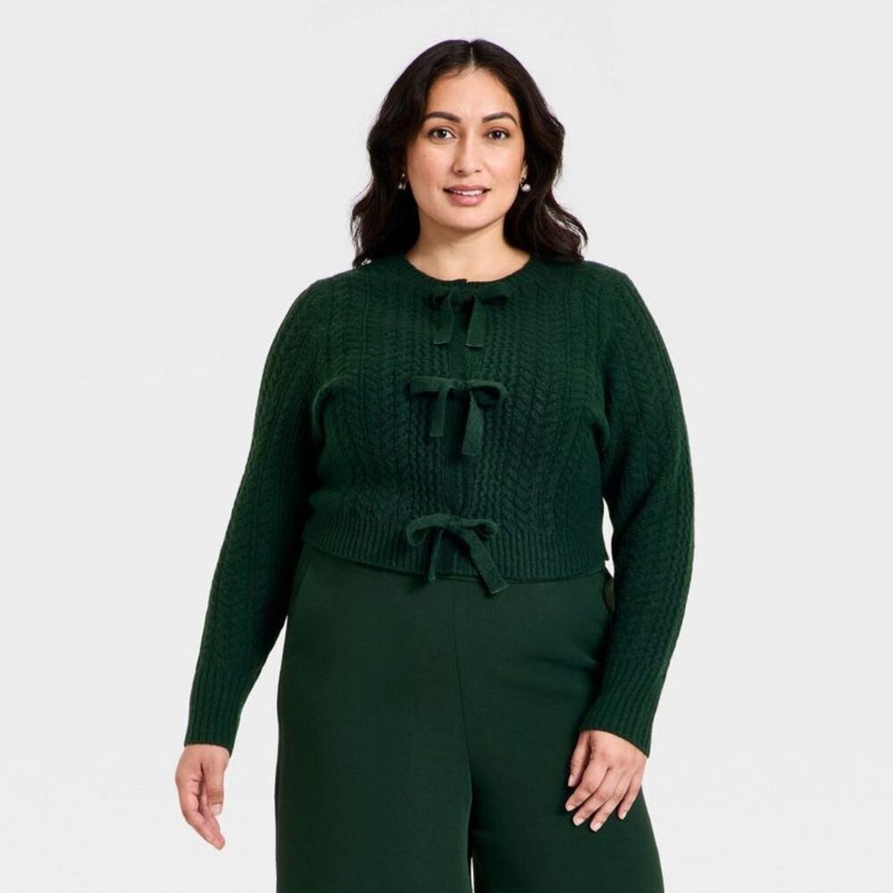 Women's Long Sleeve Bow Cardigan Sweater - A New Day Dark Green 1X